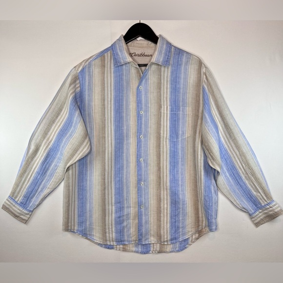 Caribbean men’s linen cotton long sleeve button down shirt size Large striped - Picture 1 of 7